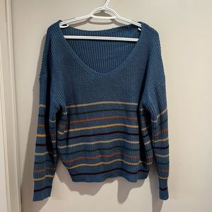 Shein XL blue, rainbow-striped v-neck sweater
